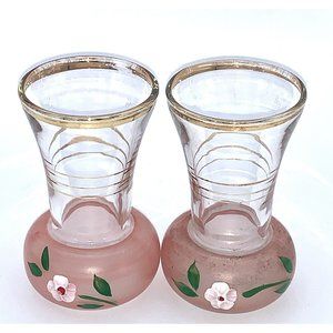 Vtg Small Clear & Pink Glass Vases with Hand Painted White Flower & Gold Trim